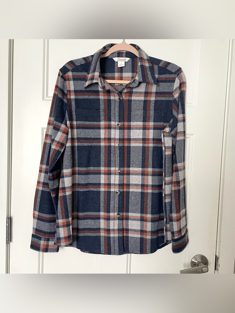 Natural Reflections Women’s Navy and Rust Plaid Button-Down Shirt
